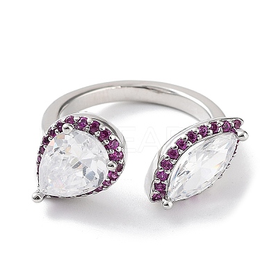 Horse Eye & Teardrop Rack Plating Brass Micro Pave Cubic Zirconia Open Rings RJEW-D020-08P-1