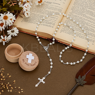 1Pc Alloy Crucifix Cross Virgin Pendant White Round Glass Pearl Rosary Bead Necklaces NJEW-FG0001-23-1