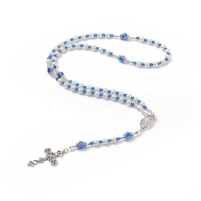 Glass Pearl & Acrylic Rosary Bead Necklace NJEW-TA00041-01-1