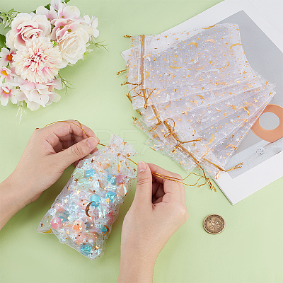 50Pcs Gold Stamping Moon & Star Organza Drawstring Gift Storage Bags OP-BBC0001-03B-01-1