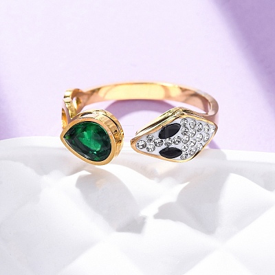 304 Stainless Steel with Rhinestone and Glass Cuff Rings RJEW-Q020-04G-1