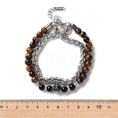 304 Stainless Steel Wheat Chain & Round Natural Tiger Eye and Natural Obsidian Beaded Double Strand Bracelets BJEW-C119-02-1