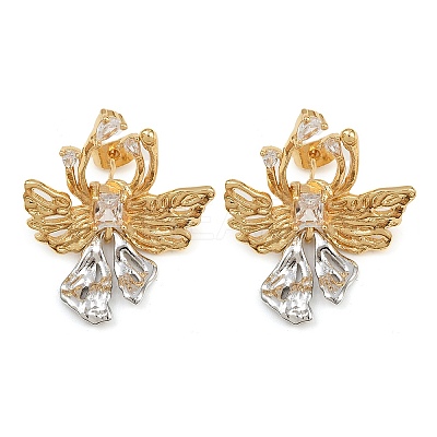Brass Micro Pave Clear Cubic Zirconia Bowknot Stud Earrings EJEW-P323-01G-1
