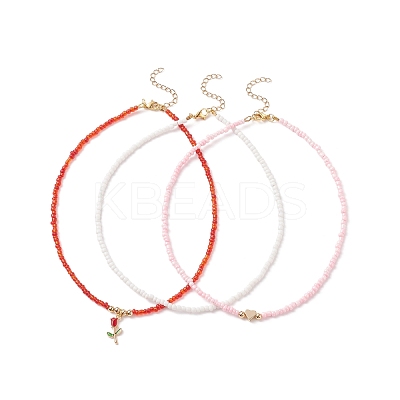 3Pcs 3 Style Glass Seed & Brass Heart Beaded Necklaces Set NJEW-JN03965-1