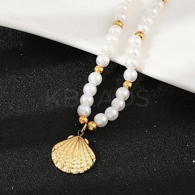 304 Stainless Steel Sea Animal Pendant Plastic Imitation Pearl Beaded Necklaces for Women NJEW-U048-02B-G-1