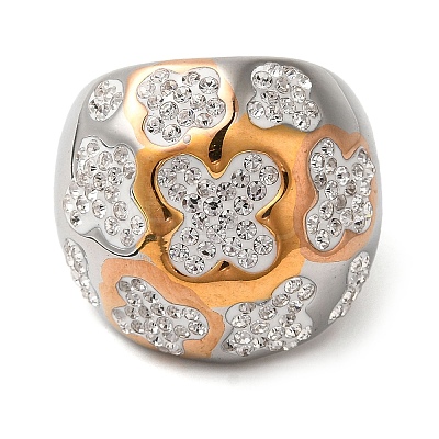 Ion Plating(IP) 304 Stainless Steel Natural Polymer Clay Rhinestone Flower Finger Rings RJEW-Z054-10P-02-1