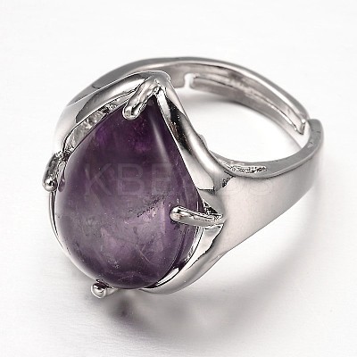 Teardrop Platinum Tone Brass Gemstone Adjustable Wide Band Rings RJEW-L062-02F-1