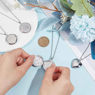 6Pcs 3 Style Heart & Flat Round & Flower 304 Stainless Steel Photo Locket Necklaces Set with Cable Chains for Women NJEW-UN0001-37-1