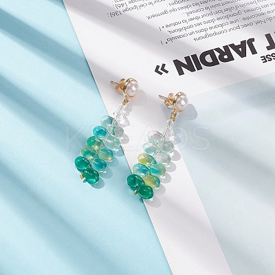 Glass Beaded Leaf Long Dangle Stud Earrings with Imitation Pearl EJEW-TA00140-1