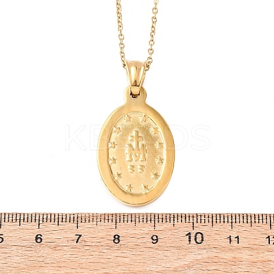 304 Stainless Steel Oval with Virgin Mary Pendant Necklaces for Women NJEW-B149-02G-1