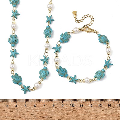 Starfish & Turtle Synthetic Turquoise Beaded Necklace & Bracelet Sets SJEW-JS01385-02-1