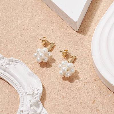 Shell Pearl Braided Ball Dangle Stud Earrings EJEW-TA00107-1