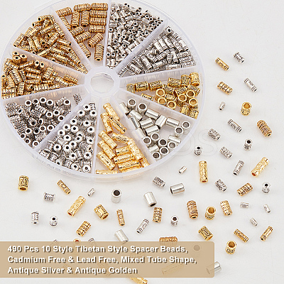 490Pcs 10 Style Tibetan Style Spacer Beads FIND-NB0003-36-1