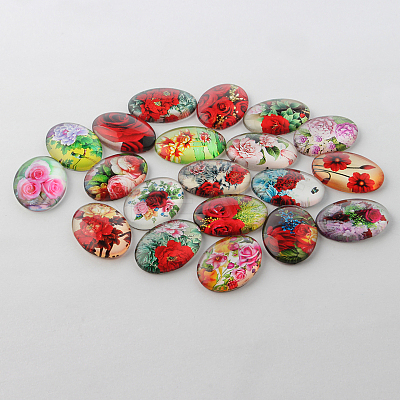 Multi-Color Flower Theme Ornaments Glass Oval Flatback Cabochons GGLA-A003-18x25-NN-1