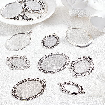 14pcs 7 styles Tibetan Style Alloy Flat Oval Pendant Cabochon Settings TIBEP-LP0002-22-1