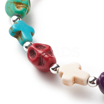 Synthetic Turquoise(Dyed) Cross & Skull Beaded Stretch Bracelet BJEW-JB08452-1