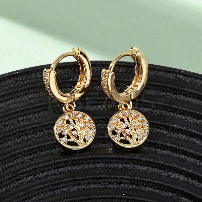 Flat Round with Tree Brass Micro Pave Clear Cubic Zirconia Hoop Earrings EJEW-F384-10G-1