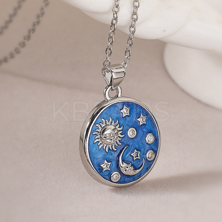 Brass Micro Pave Clear Cubic Zirconia with Blue Enamel Flat Round Pendant Necklaces NJEW-Z088-03P-01-1