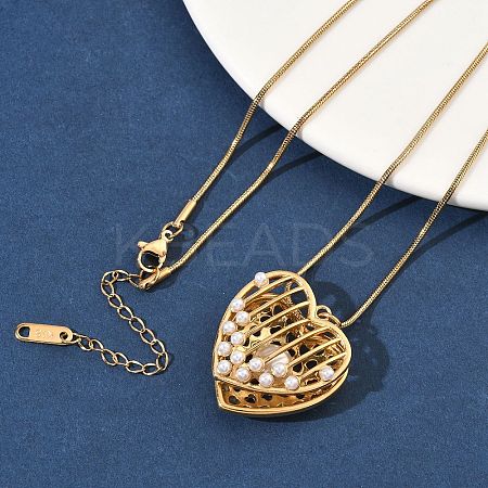 304 Stainless Steel with Acrylic Imitation Pearl Heart Pendant Necklaces for Women NJEW-B151-01G-1