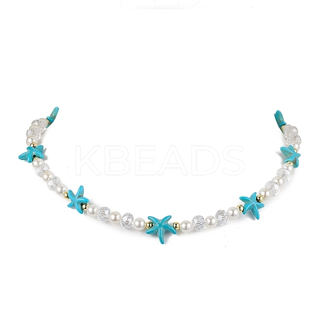 Round Shell Pearl & Synthetic Turquoise Beaded Necklaces NJEW-JN04779-02-1
