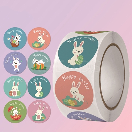 8 Patterns Round Dot Easter Theme Paper Self-adhesive Rabbit Stickers PW-WG23201-01-1