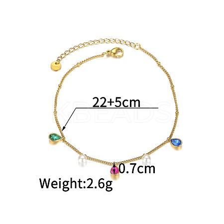Bohemian Style 304 Stainless Steel Pave Cubic Zirconia Teardrop & Round White Plastic Pearl Charm Anklets FS-WGDB107-05-1