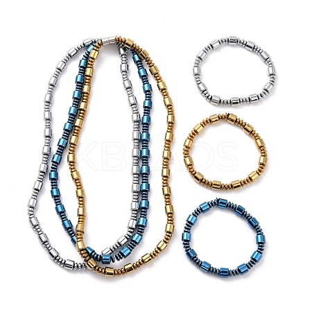 Synthetic Hematite & Brass Column Beaded Necklace Bracelet with Magnetic Clasps SJEW-G079-01-1
