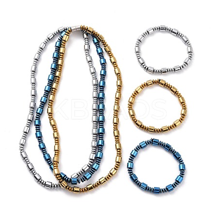Synthetic Hematite & Brass Column Beaded Necklace Bracelet with Magnetic Clasps SJEW-G079-01-1