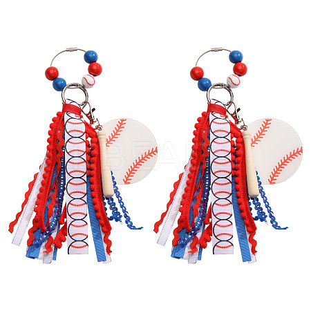2Pcs Baseball Polyester & Wood & Zinc Alloy & Acrylic Pendant Keychains KEYC-CA0001-59-1
