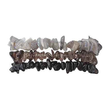 3Pcs Natural Smoky Quartz & Natural Obsidian & Natural Labradorite Chip Beaded Stretch Bracelet Sets BJEW-JB10860-1
