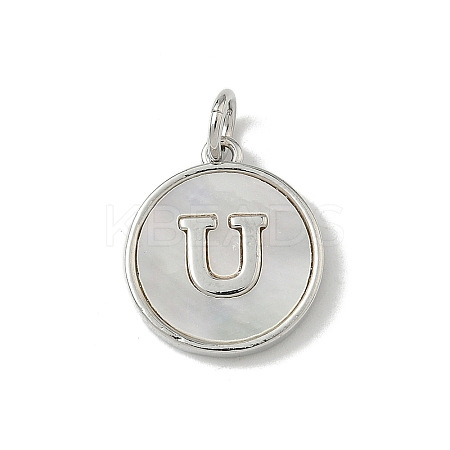 Brass Pave Natural Shell Flat Round with Letter Charms KK-Z115-13P-U-1