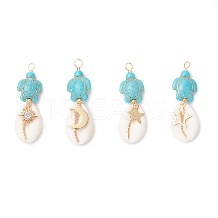 4Pcs 4 Styles Natural Cowrie Shell & Dyed Synthetic Turquoise Turtle Copper Wire Wrapped Pendants PALLOY-JF04035-01-1