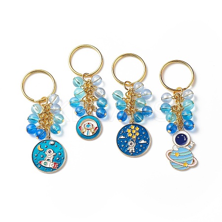 4Pcs Flat Round/Spaceman Alloy Enamel Pendant Keychain KEYC-JKC00412-03-1