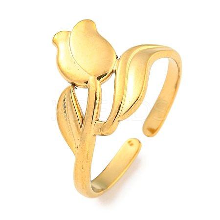 Ion Plating(IP) Tulip 304 Stainless Steel Open Cuff Finger Rings for Women RJEW-P114-05G-1