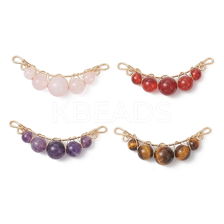 4Pcs 4 Styles Natural Tiger Eye & Rose Quartz & Carnelian & Amethyst Round Beaded Connector Charms PALLOY-TA00408-01-1