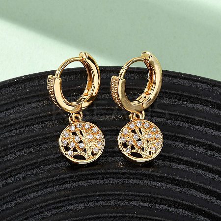 Flat Round with Tree Brass Micro Pave Clear Cubic Zirconia Hoop Earrings EJEW-F384-10G-1