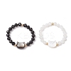 Natural Rainbow Moonstone and Natural Black Tourmaline Beaded Rings RJEW-TA00196-2