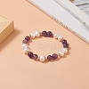 Natural Amethyst & Pearl Round Beaded Stretch Bracelet for Women BJEW-JB09246-01-5