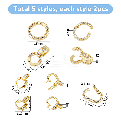 10Pcs 5 Styles Brass Micro Pave Clear Cubic Zirconia Twister Clasps ZIRC-HS0001-20-1