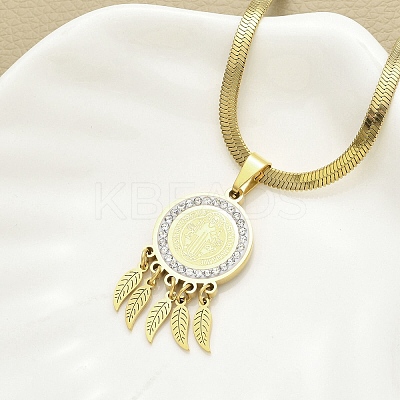 201 Stainless Steel Clear Cubic Zirconia Flat Round Saint Benedict Medal with Feather Pendant Necklaces NJEW-H055-03G-1