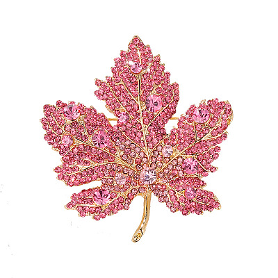 Autumn Maple Leaf Light Gold Alloy Rhinestone Brooch Pins PW-WG57699-03-1