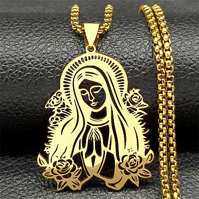 304 Stainless Steel Laser Cut Virgin Mary Pendant Box Chain Necklaces FS-WG69F53-02-1