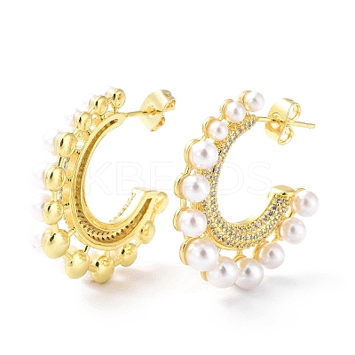 Clear Cubic Zirconia C-shape Stud Earrings with ABS Plastic Pearl Beaded EJEW-G333-15G-1