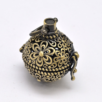 New Hollow Brass Round with Flower Cage Pendants KK-F0303-AB-NR-1