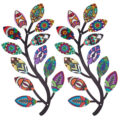 2Pcs 2 Style Iron Tree Leaf Wall Decor AJEW-CN0001-53-1