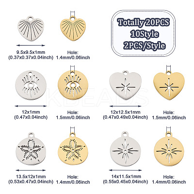 20Pcs 10 Style 304 Stainless Steel Pendants STAS-PJ0001-42-1
