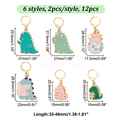 12Pcs 6 Style Dinosaur Alloy Enamel Pendant Locking Stitch Markers HJEW-AB00666-1