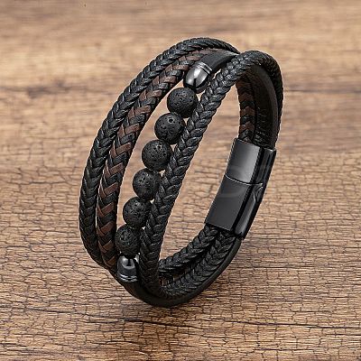 Natural Lava Rock Round Beads & Braided Imitation Leather Cord Bracelets for Men FS-WGCE7B3-01-1