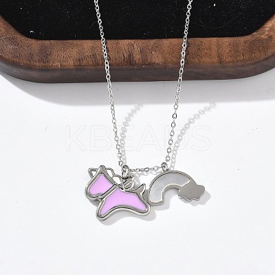 304 Stainless Steel Pearl Pink Enamel & Natural White Shell Pendant Unicorn Rainbow Pendant Necklaces for Women NJEW-M101-02P-1