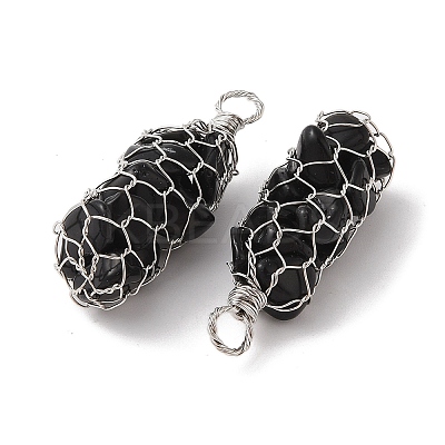 Rack Plating Copper Wire Wrapped Natural Obsidian Chip Big Pendants G-C130-01P-07-1